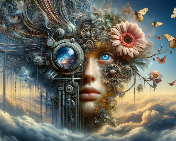 Surreal Human Face Merged with Mechanical Elements
