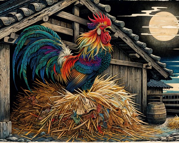 Multicolored Rooster at Japanese Farmhouse by Moonlight