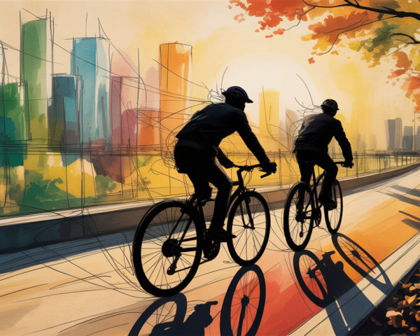Cyclists Against Sunset Skyline with Autumn Foliage