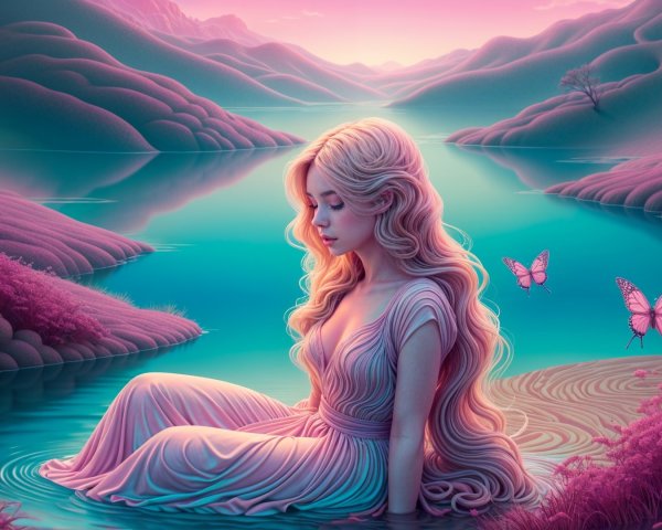 Serene Landscape with Hills, Lake, and Butterflies