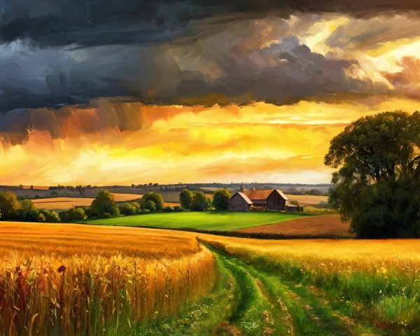 Tranquil Golden Field Landscape with Farmhouse and Clouds