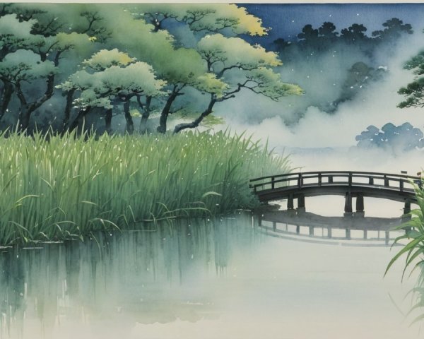 Misty River Landscape with Wooden Bridge and Fog