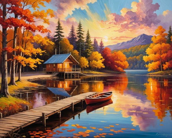 Autumn Landscape with Cabin and Reflective Lake