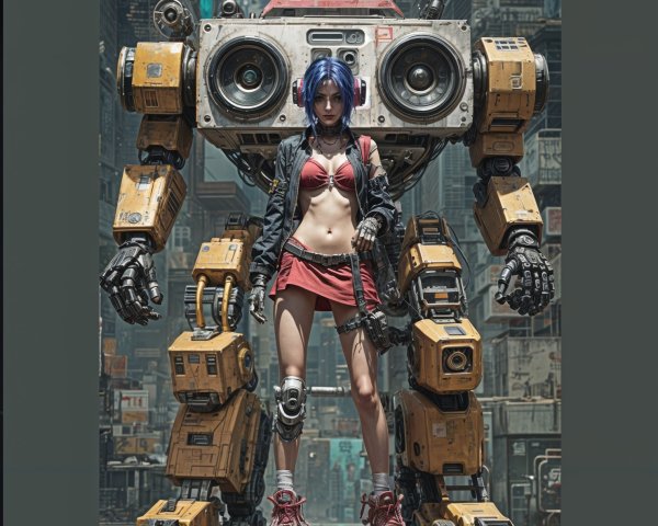 Futuristic Urban Scene with Woman and Armored Robot