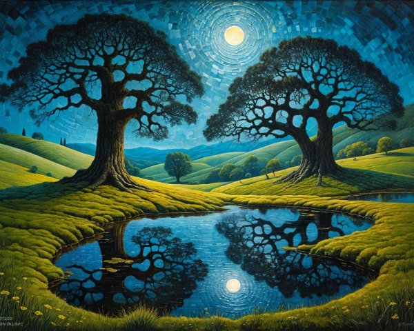 Serene landscape with trees and calm pond at night