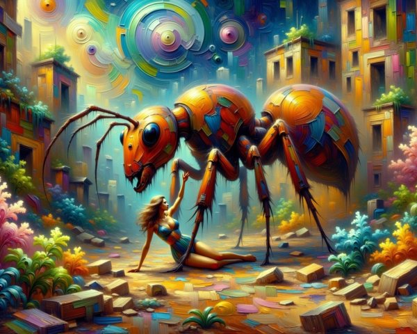 Surreal Landscape with Giant Decorated Ant and Woman