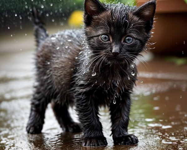 Black kitten on wet surface with blurred greenery background