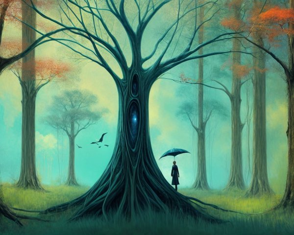 Mystical forest with glowing tree and young figure