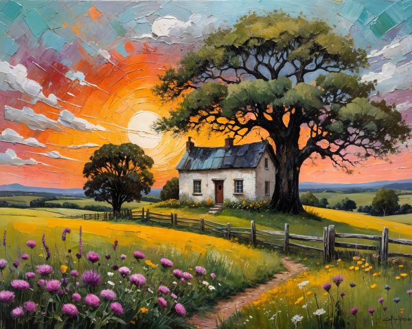 Countryside Cottage Under Vibrant Sunset Sky