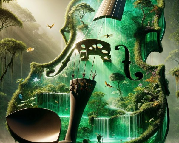Giant Violin Surrounded by Lush Forest and Waterfalls