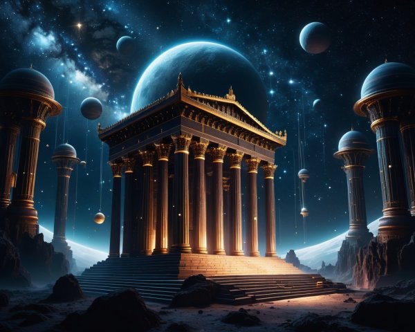 Grand temple with cosmic backdrop and golden light