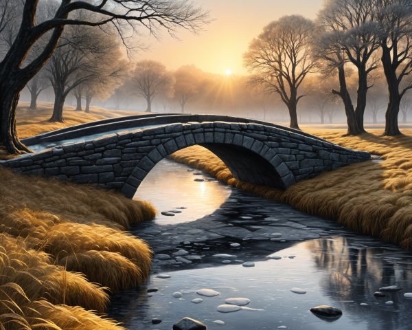 Serene landscape with stone bridge over calm stream