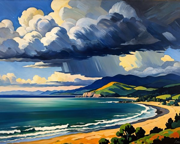 Coastal Scene with Dramatic Sky and Sandy Beach