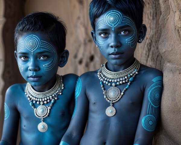Boys with Blue Body Paint and Traditional Jewelry