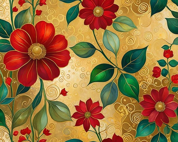 Vibrant Floral Pattern with Red Flowers and Gold Accents