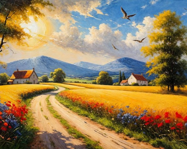 Vibrant Countryside with Dirt Road and Blooming Flowers