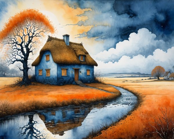 Serene Landscape with Blue Cottage and Autumn Foliage