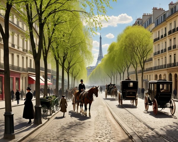 Historic Parisian Street with Carriages and Eiffel Tower