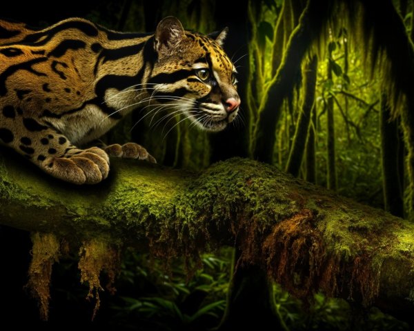 Wild Cat Resting on Mossy Branch in Rainforest
