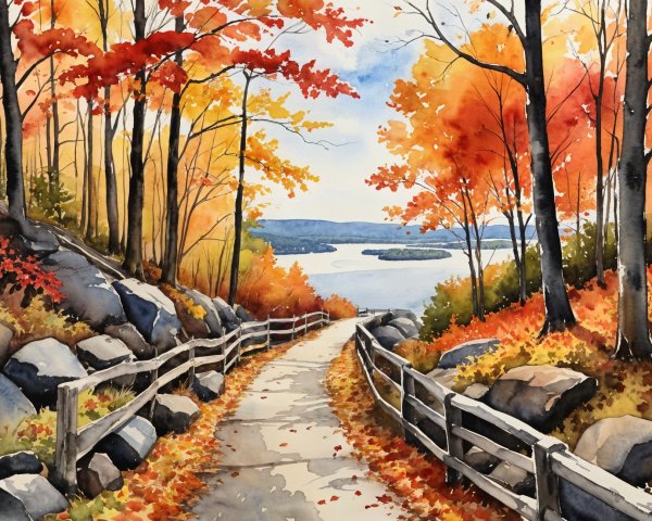 Autumn Pathway with Colorful Foliage and Lake View