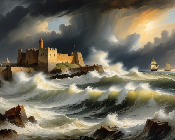 Dramatic Seascape with Castle and Stormy Waters
