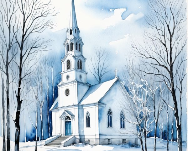 Serene Winter Scene with Church and Snowy Landscape