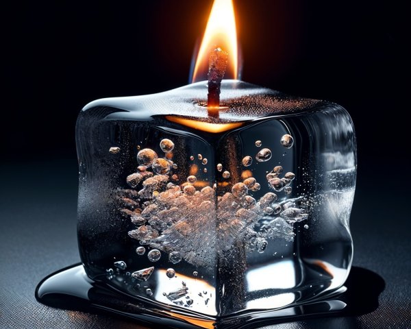 Ice Cube with Flame and Bubbles on Dark Surface