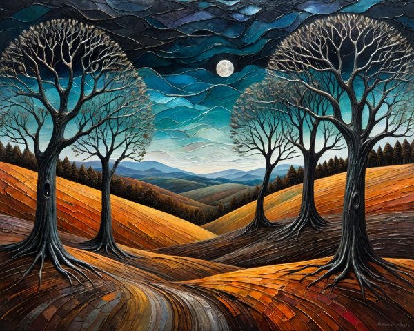 Surreal Landscape with Autumn Hues and Moonlight