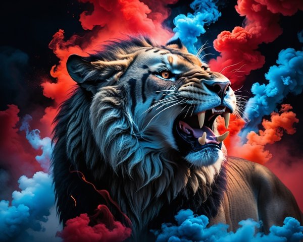 Tiger Roaring with Blue and Red Smoke Background