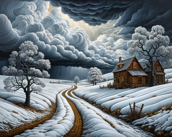 Winter Landscape with Cozy House and Snowy Fields