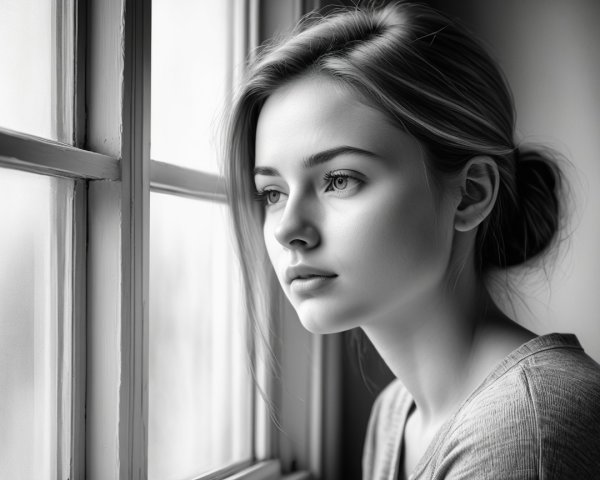 Young woman gazing thoughtfully from a window