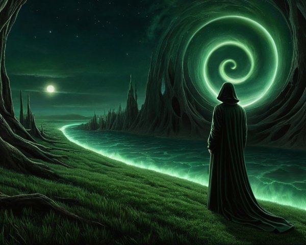 Cloaked Figure by River with Green Spiral Portal