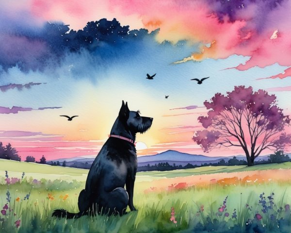 Serene sunset landscape with a black dog in a field