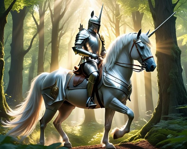 Knight on Unicorn in Sunlit Forest Setting