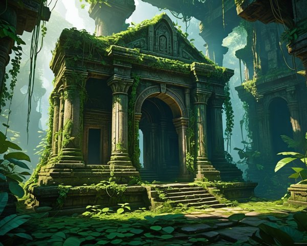 Ancient Temple Surrounded by Lush Greenery and Vines