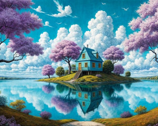 Quaint Blue House on Island Surrounded by Lake and Trees