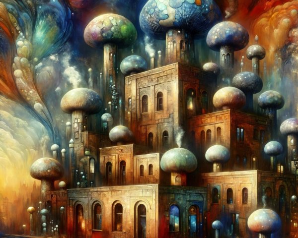 Vibrant Fantastical Landscape with Colorful Mushrooms