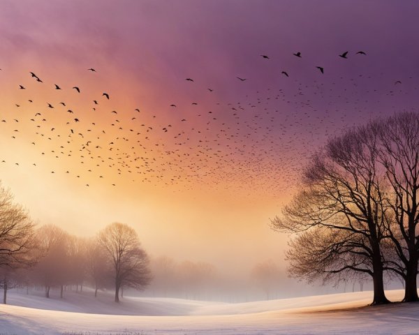 Serene Winter Landscape with Pastel Sky and Snow