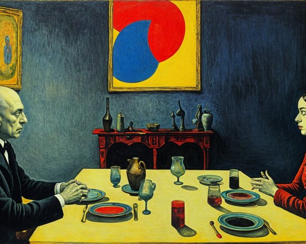 Tense Dinner Scene with Colorful Table Setting