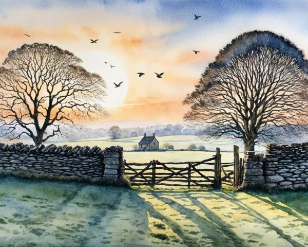 Watercolor of a serene sunrise landscape with farmhouse
