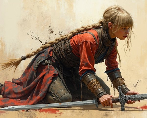 Young Warrior in Armor with Sword and Earthy Backdrop