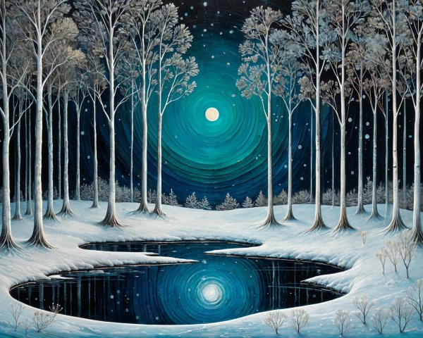 Winter Night Landscape with Moon and Snowy Trees