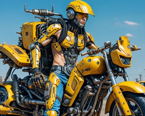 Futuristic figure on yellow motorcycle with robotic design