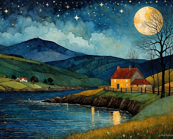 Serene landscape with a yellow house by a river