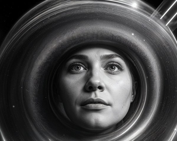 Close-Up of Woman in Space Helmet Gazing at Cosmos