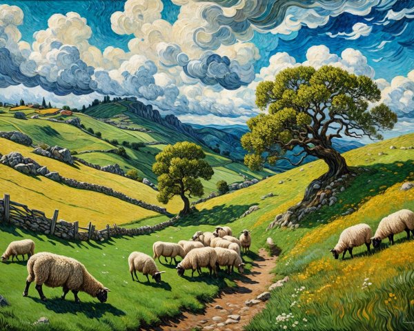 Vibrant Pastoral Scene with Rolling Hills and Sheep