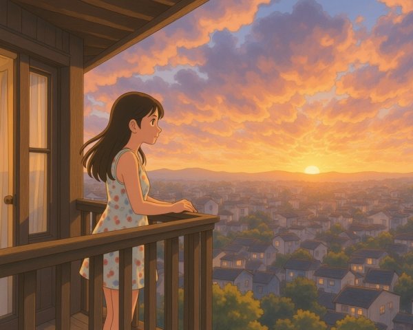 Young girl on balcony admiring sunset over town
