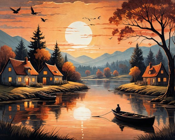 Serene Sunset Over Tranquil Lake and Cottages