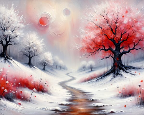Serene Snowy Landscape with Winding Path and Trees