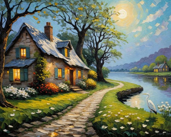 Charming Stone Cottage by a Tranquil River Scene